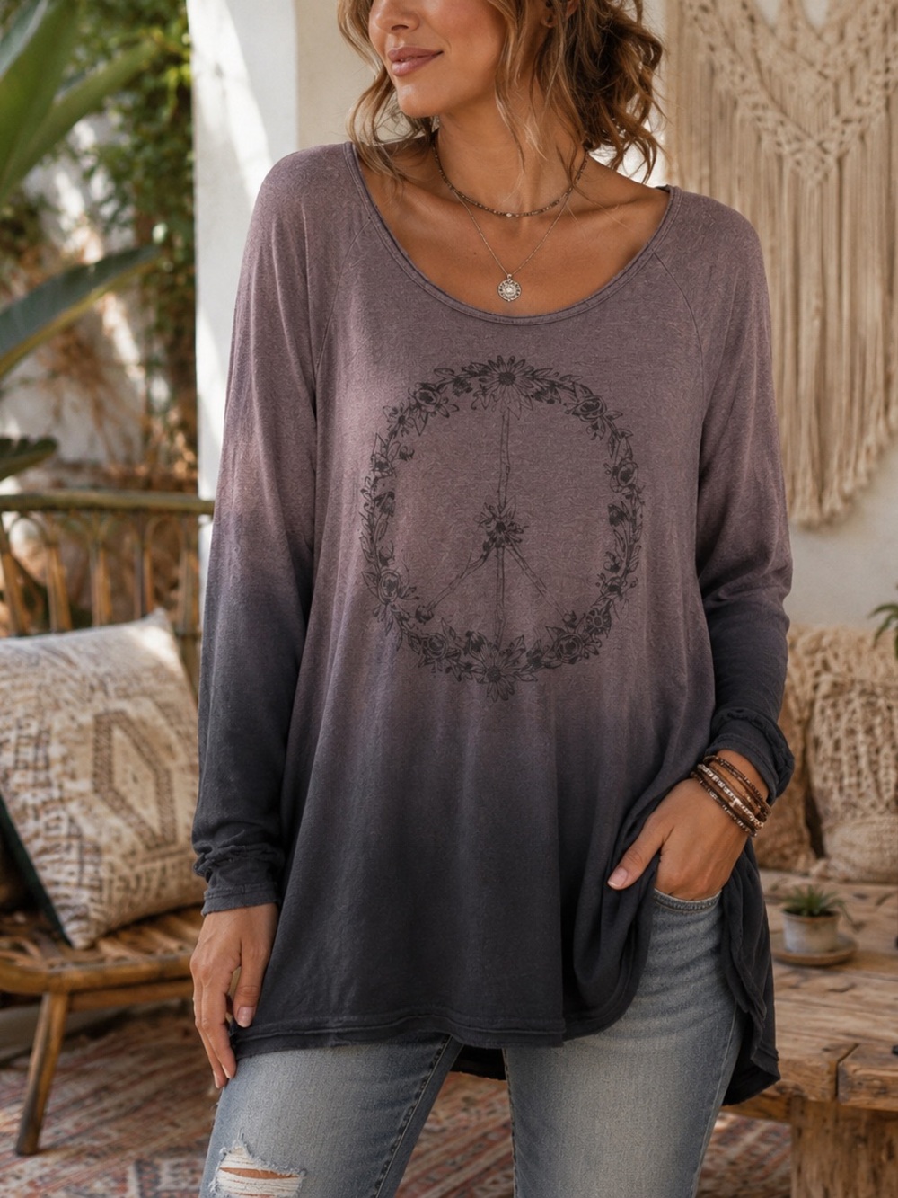 NATURAL LIFE Ombre Long Sleeve Peace Sign Tee Size large Boho